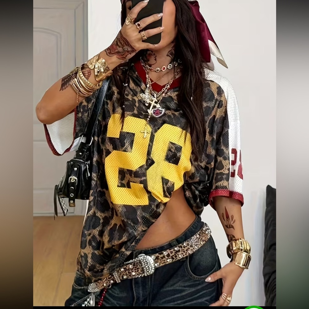Leopard Print Mesh Jersey Top with Yellow Number - Women - Picture 4 of 6